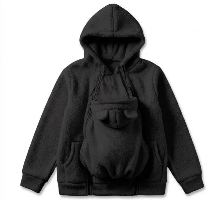 Personalized Embroidered Fleece Babywearing Hoodie, Mom Cuddling Baby in a Christmas Living Room, Unique Gift