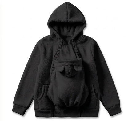 Personalized Embroidered Fleece Babywearing Hoodie, Mom Cuddling Baby in a Christmas Living Room, Unique Gift