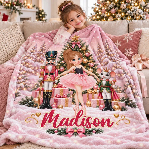 Personalized Fleece Blanket, Dancing Ballerina in Pink Nutcracker Christmas Scene, Unique Gift for Daughter