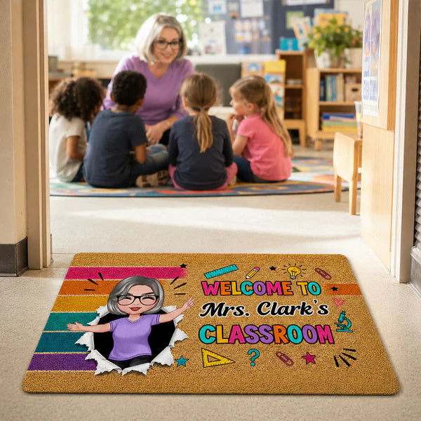 Personalized Doormat With Waving Teacher Illustration, Colorful Classroom Decor, Unique Gift For Teacher