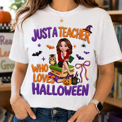 Personalized Classic Tee, Cartoon Teacher Sitting on Books, Unique Creative Halloween Gift for Teachers
