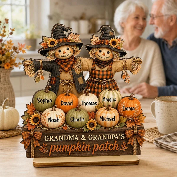 Personalized 2-Layer Wooden Plaque, Grandparent Scarecrows Together in a Pumpkin Patch, Unique Family Gift