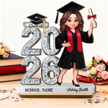 Personalized Graduation 2-Layer Wooden Plaque, Class of 2026 Cartoon Graduate Holding Diploma, Unique Gift for Her Him