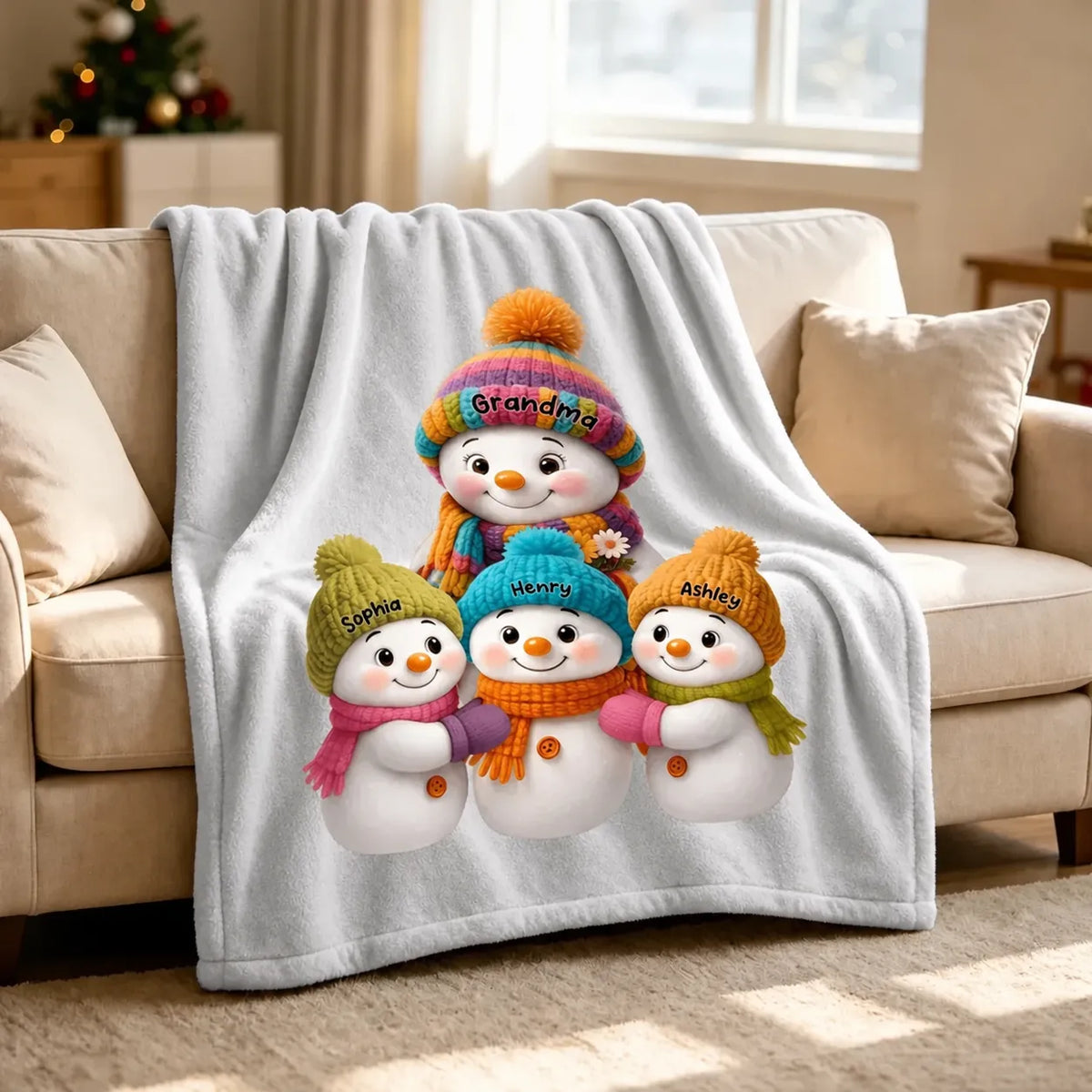 Personalized Mug with Colorful Snowman Family Gathered Together, Christmas Scene, Unique Gift for Grandma