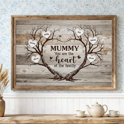 Personalized Mummy Heart of the Family Poster, Rustic Tree of Hearts Wall Art, Unique Gift for Mom