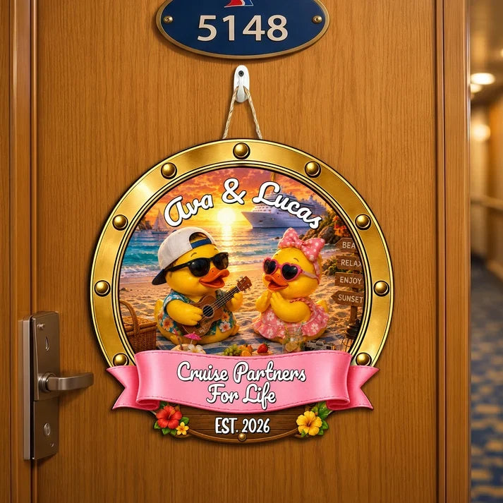 Personalized Ukulele Duck Couple Wooden Sign, Sunset Beach Cruise Door Decor, Unique Gift For Couples
