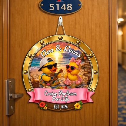 Personalized Ukulele Duck Couple Wooden Sign, Sunset Beach Cruise Door Decor, Unique Gift For Couples