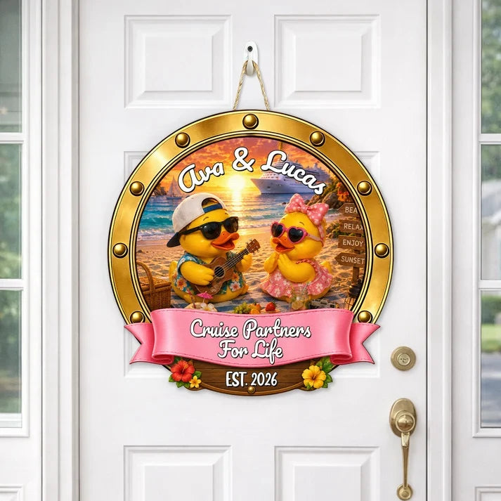 Personalized Ukulele Duck Couple Wooden Sign, Sunset Beach Cruise Door Decor, Unique Gift For Couples