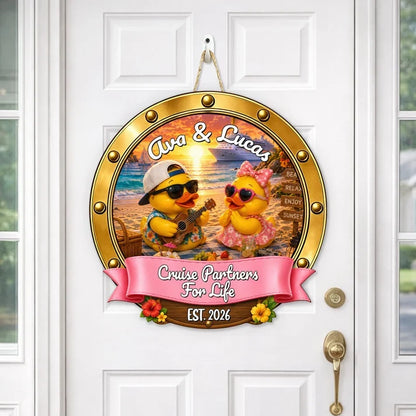 Personalized Ukulele Duck Couple Wooden Sign, Sunset Beach Cruise Door Decor, Unique Gift For Couples