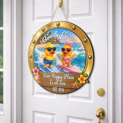 Personalized Ukulele Duck Couple Wooden Sign, Sunset Beach Cruise Door Decor, Unique Gift For Couples