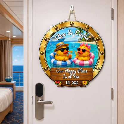 Personalized Ukulele Duck Couple Wooden Sign, Sunset Beach Cruise Door Decor, Unique Gift For Couples