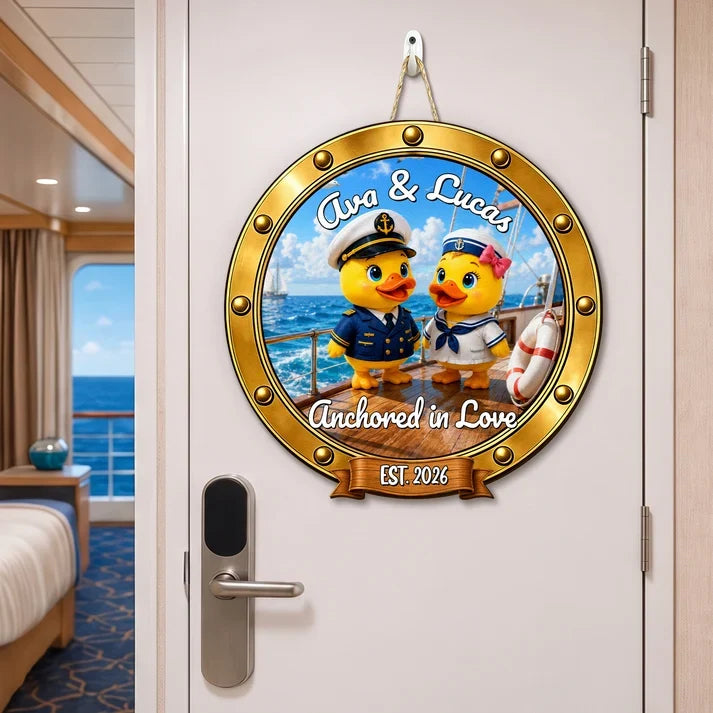 Personalized Ukulele Duck Couple Wooden Sign, Sunset Beach Cruise Door Decor, Unique Gift For Couples