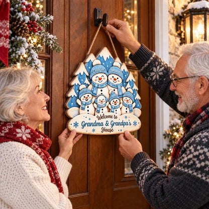 Personalized Wooden Sign, Waving Snowman Family in Blue Winter Forest, Unique Christmas Gift for Grandparents