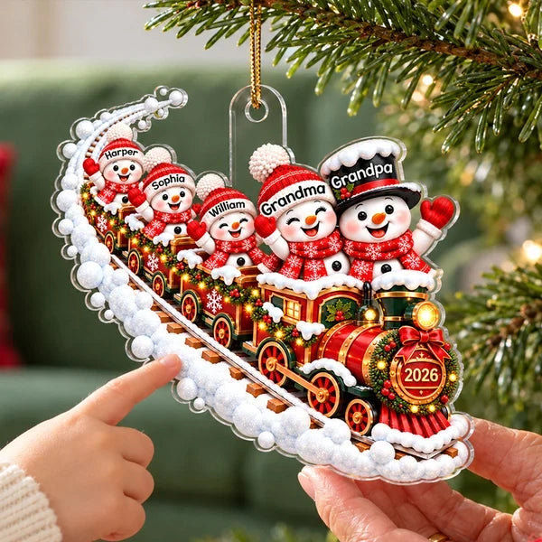 Personalized Acrylic Ornament, Snowman Family Train in Festive Red, Unique Christmas Gift for Grandparents