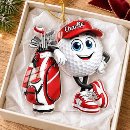 Personalized Acrylic Ornament, Smiling Golf Ball Leaning on Golf Bag, Unique Christmas Gift for Golfers