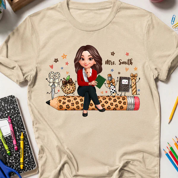 Personalized Teacher Classic Tee, Leopard Pencil & School Supplies, Unique Gift for Back to School