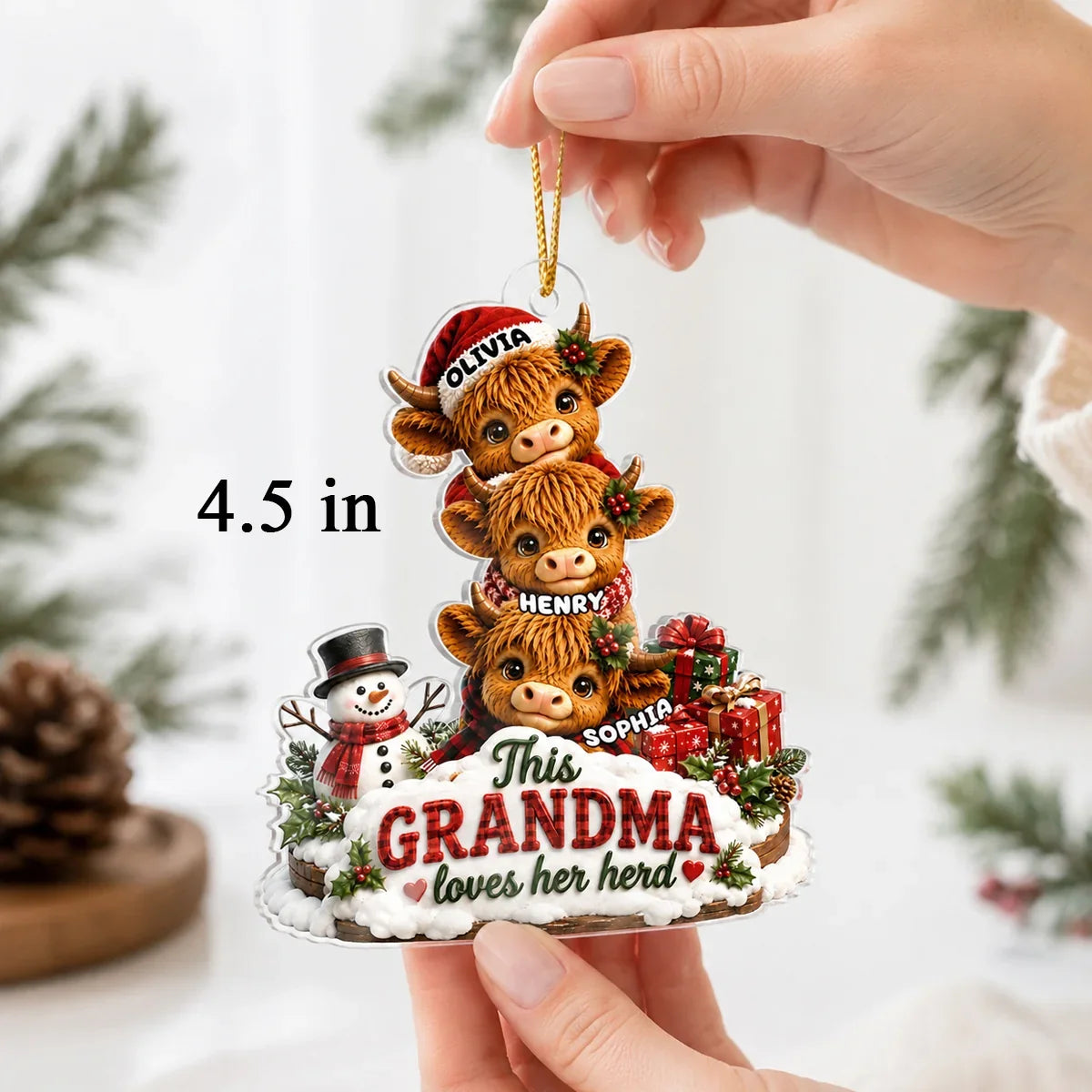 Personalized Acrylic Ornament, Grandma Loves Her Herd with Cuddling Cows in Festive Snow, Creative Gift for Grandma