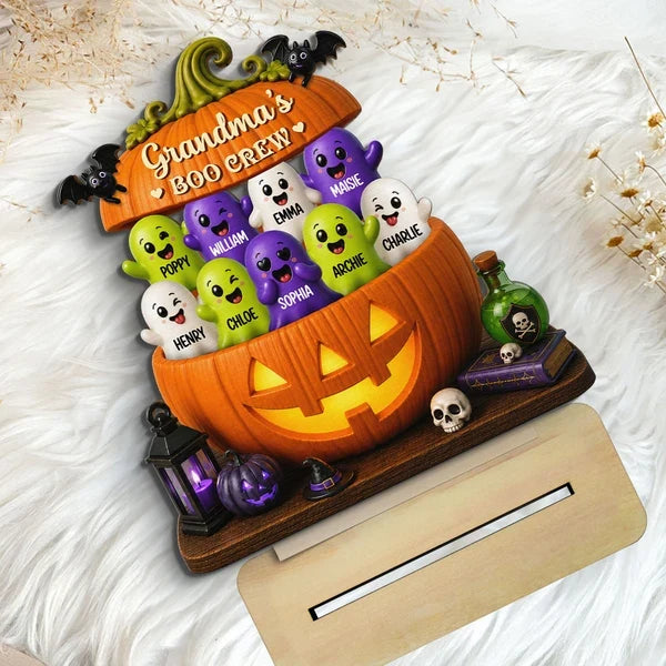 Grandma's Boo Crew Personalized Wooden Plaque, Smiling Ghost Pumpkin Unique Gift for Grandma