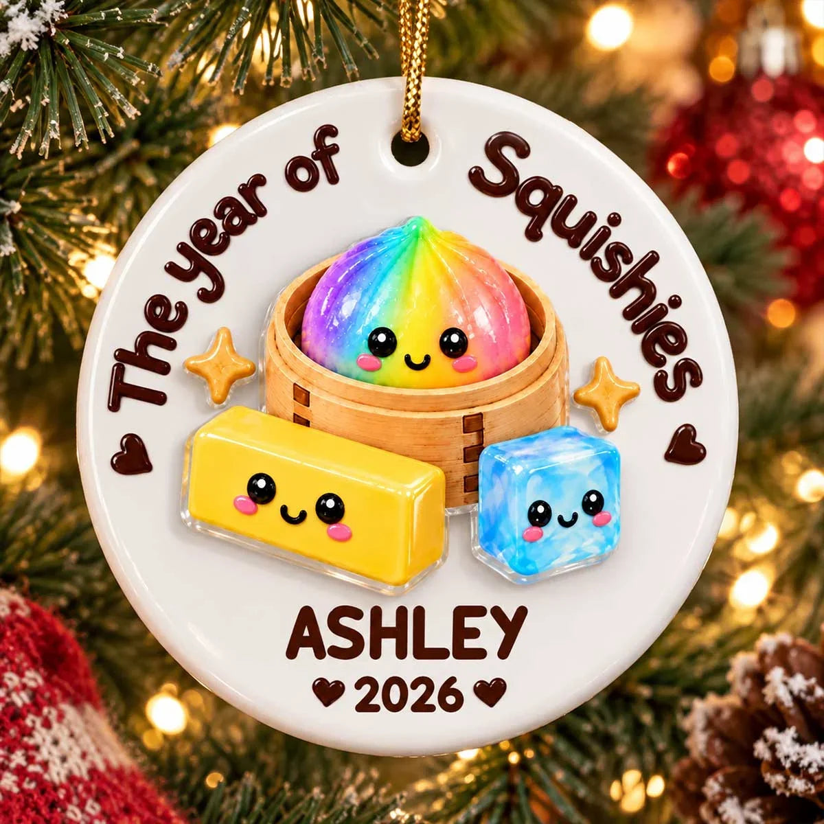 Personalized Ceramic Ornament, Cute Rainbow Dumplings in a Steamer, Unique Christmas Gift for Kids