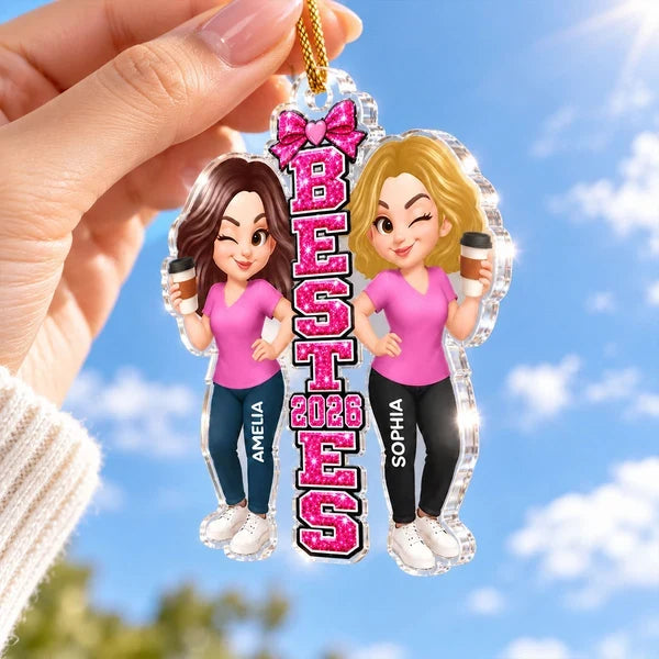 Personalized Acrylic Ornament, Pink Besties Holding Coffee on a Festive Tree, Unique Gift for Friends