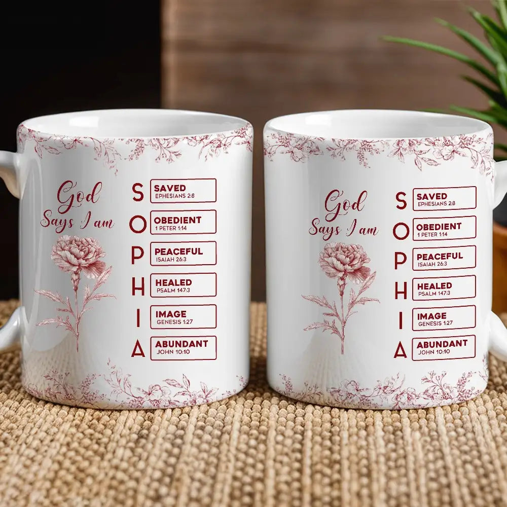 White Ceramic Mug with Bible Verses and Blue Floral Design, Faithful a ...