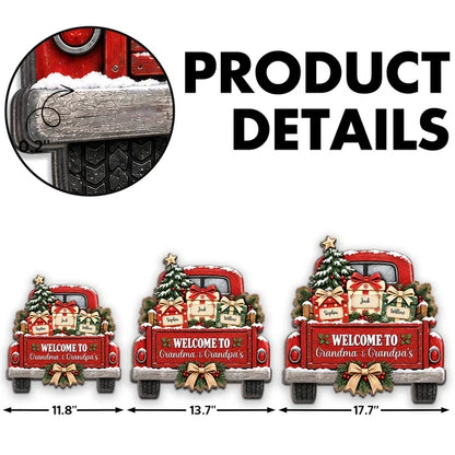 Personalized Wooden Sign with Snowy Red Christmas Truck, Unique Gift for Grandma & Grandpa