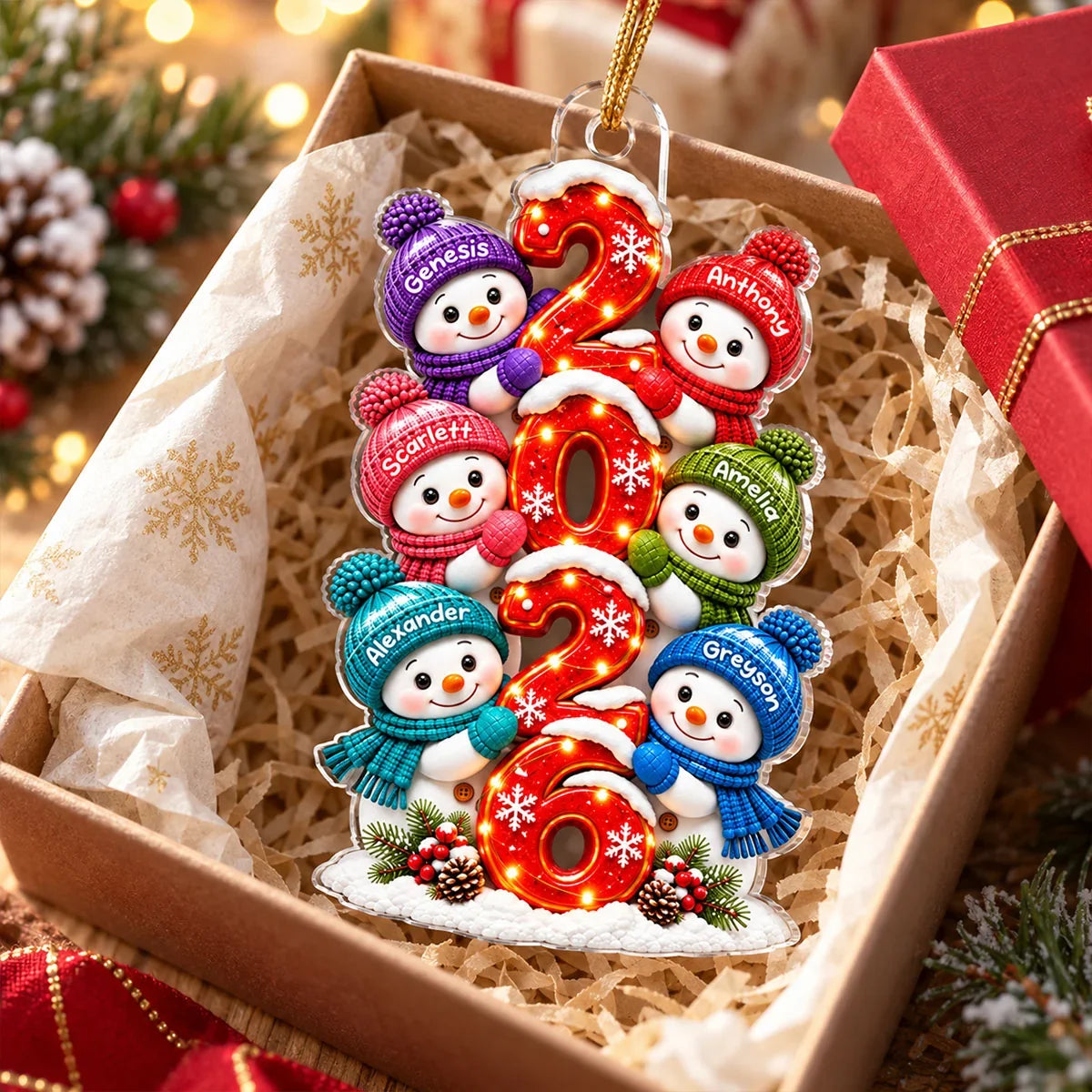 Personalized Acrylic Ornament, Snowman Family Gathered in Winter, Heartwarming Keepsake and Creative Gift for Parents