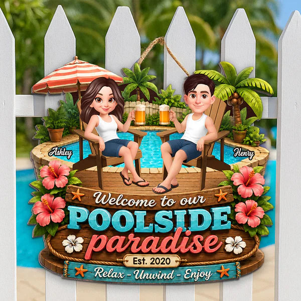 Personalized Wooden Sign, Poolside Paradise Seated Couple Art, Unique Gift for Summer Patio & Porch