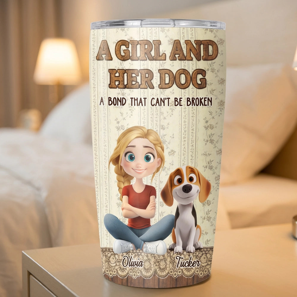 Insulated Travel Tumbler Personalized as a One-of-a-Kind Gift, Cute Girl Sitting with Her Dog, Warm Vintage Style for Daily Coffee
