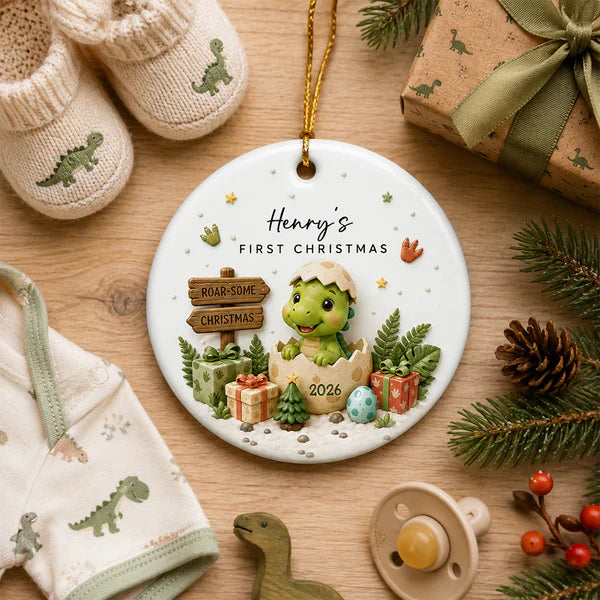 Personalized Ceramic Ornament With Cute Baby Dinosaur, Unique First Christmas Keepsake Gift for Baby