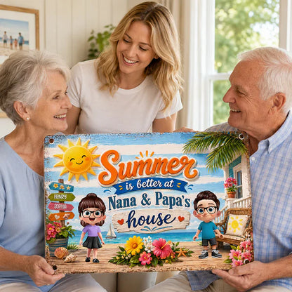 Personalized Rectangular Iron Sign, Summer at Grandparents' House Beach Porch Decor, Unique Gift for Nana & Papa