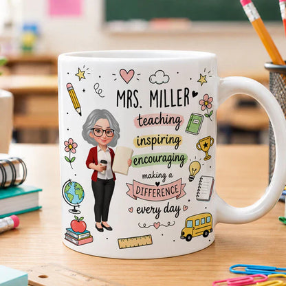 Personalized Ceramic Mug for Teacher, Cute Teacher Illustration & School Icons, Unique Back-to-School Gift