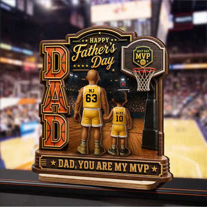 Personalized 2-Layer Wooden Plaque, Basketball Dad Holding Hands On Court, Unique Gift For Dad