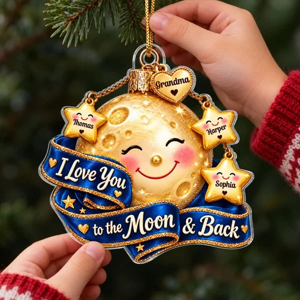Personalized Acrylic Ornament, Smiling Moon & Stars on Christmas Tree, Unique Gift for Grandma