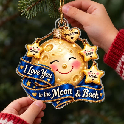 Personalized Acrylic Ornament, Smiling Moon & Stars on Christmas Tree, Unique Gift for Grandma
