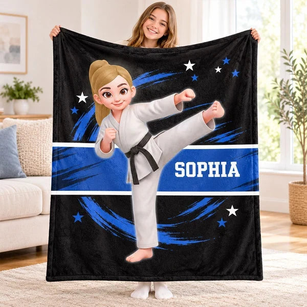 Personalized Fleece Blanket, Karate Kid High Kick in Red and Black, Unique Gift for Son or Daughter