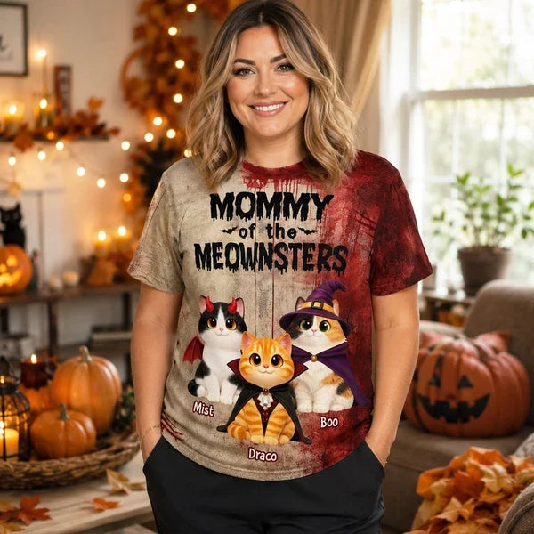 Personalized Printed Classic Tee, Mommy of the Meownsters Cats in Costumes, Unique Gift for Cat Mom