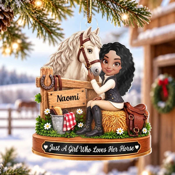 Personalized Acrylic Ornament, Girl Cuddling a Chestnut Horse at a Rustic Stable, Unique Christmas Gift for Horse Lover