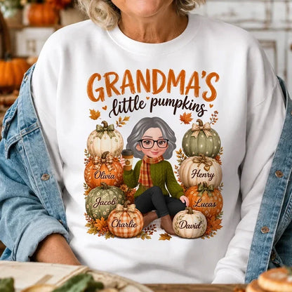 Grandma's Little Pumpkins Sweatshirt, Personalized Cartoon Grandma with Coffee, Creative Family Gift for Grandma