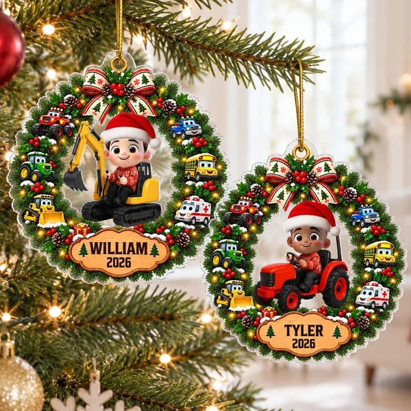 Personalized Acrylic Ornament With Boy on Excavator and Colorful Christmas Wreath, Unique Gift for Grandson