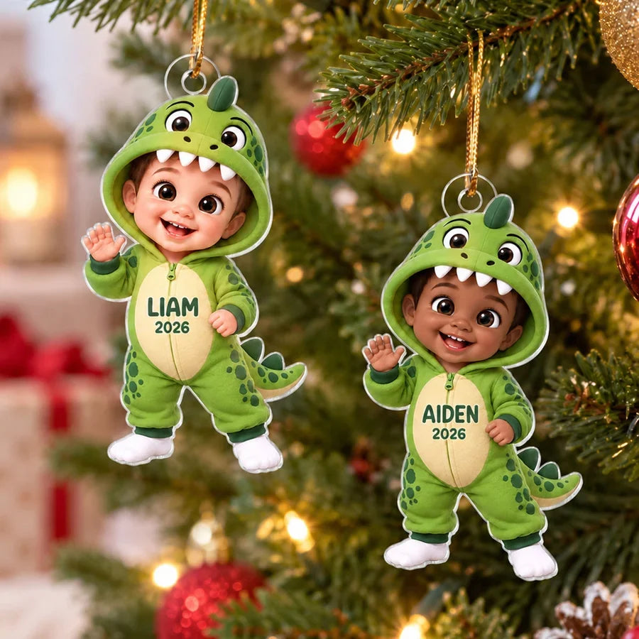 Personalized Acrylic Ornament, Cute Waving Dinosaur Costume Child, Creative Keepsake Gift for Family