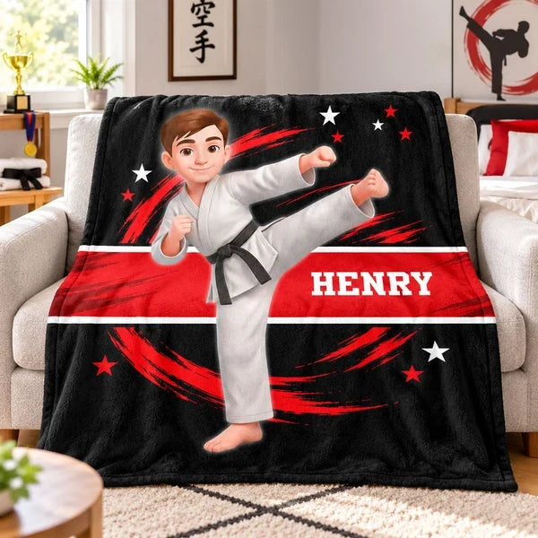 Personalized Fleece Blanket, Karate Kid High Kick in Red and Black, Unique Gift for Son or Daughter