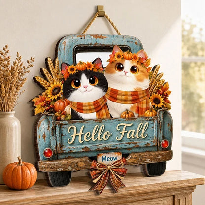 Personalized Wooden Sign with Cats in a Teal Vintage Truck, Rustic Fall Decor, Unique Gift for Cat Lovers