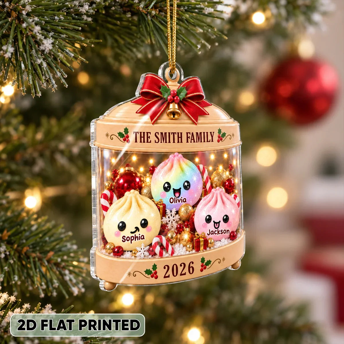 Personalized Acrylic Ornament, Cute Pastel Dumpling Family in Festive Candy Display, Unique Christmas Gift for Family