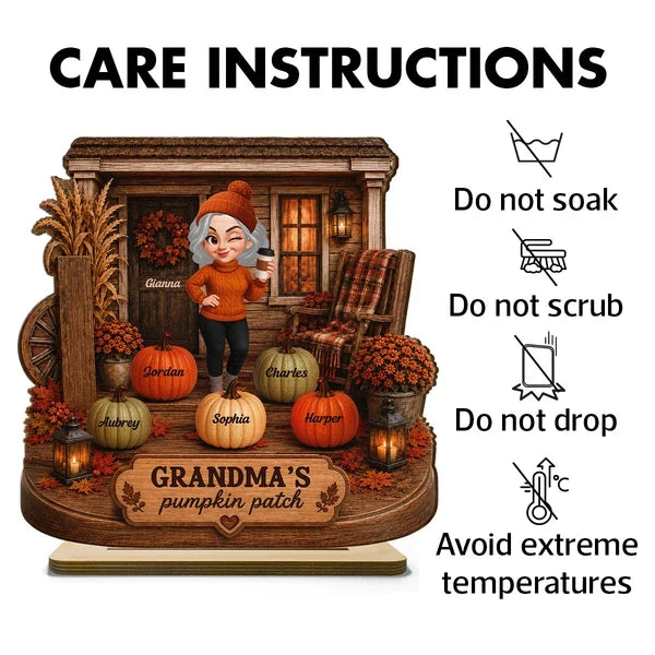 Personalized Wooden Plaque, Grandma Holding Coffee on a Cozy Autumn Porch, Unique Family Gift