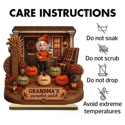 Personalized Wooden Plaque, Grandma Holding Coffee on a Cozy Autumn Porch, Unique Family Gift