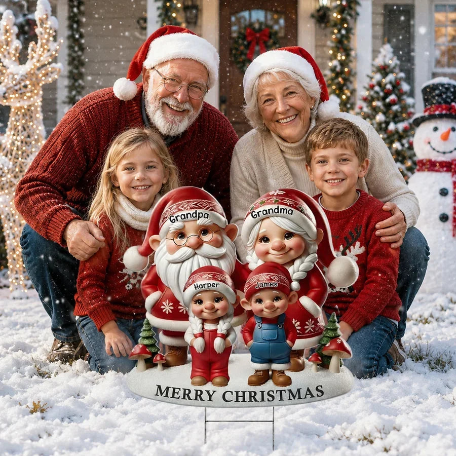 Personalized Shaped Yard Sign, Christmas Gnome Grandparents & Grandkids in Snow, Unique Gift for Grandparents