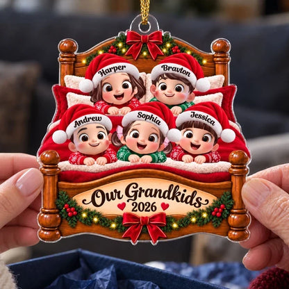 Personalized Acrylic Ornament with Smiling Grandkids in a Christmas Bed, Unique Keepsake Gift for Grandma & Grandpa