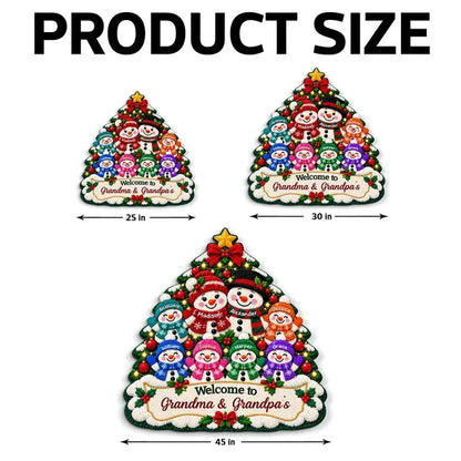 Personalized Shaped Doormat, Colorful Snowman Grandparents and Grandkids by a Christmas Tree, Unique Family Gift
