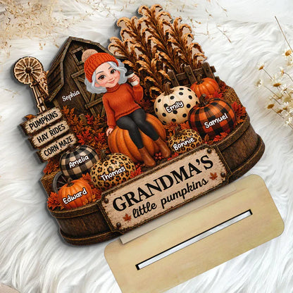 Personalized 2-Layer Wooden Plaque, Grandma Holding Coffee in Warm Autumn Farm Scene, Unique Gift
